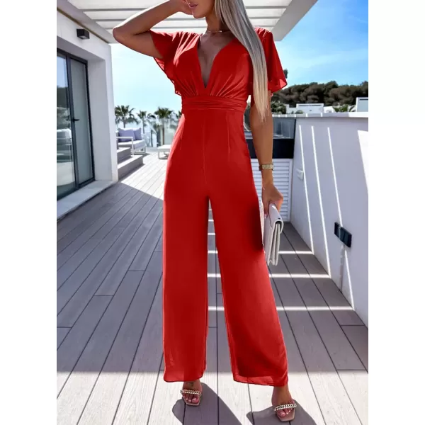 Happy Sailed Women Summer Jumpsuits 2023 Casual Short Sleeve Deep V Neck High Waist Wide Leg Pant Romper