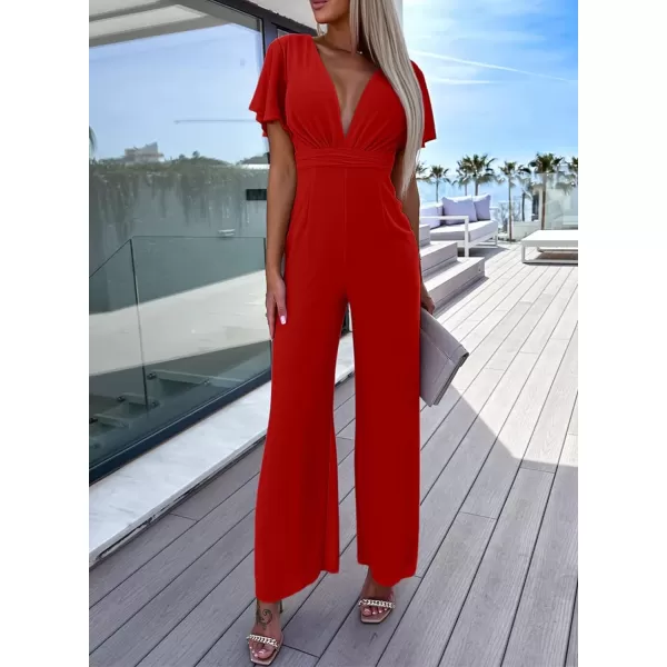 Happy Sailed Women Summer Jumpsuits 2023 Casual Short Sleeve Deep V Neck High Waist Wide Leg Pant Romper