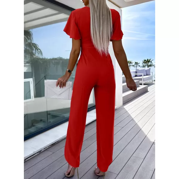 Happy Sailed Women Summer Jumpsuits 2023 Casual Short Sleeve Deep V Neck High Waist Wide Leg Pant Romper