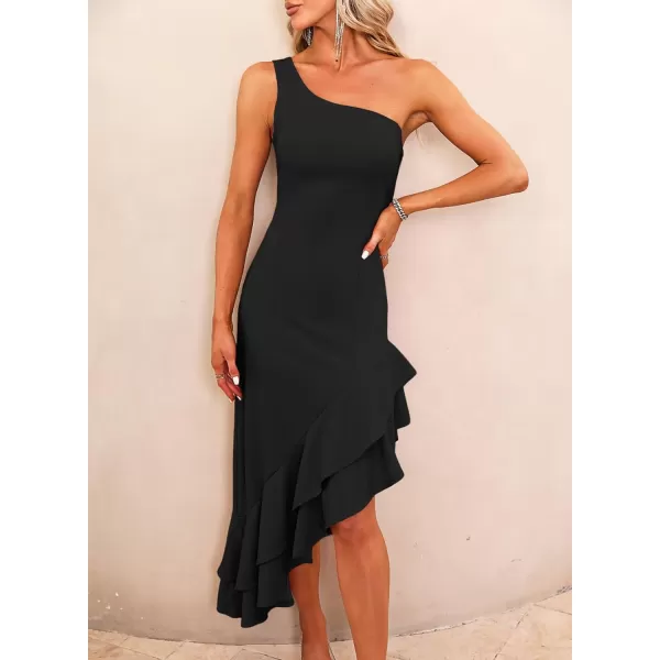 Happy Sailed Women's 2023 Summer One Shoulder Sleeveless Bodycon Dress Asymmetrical Ruffle Hem Party Cocktail Midi Dresses