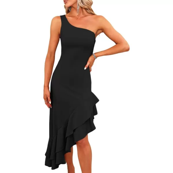 Happy Sailed Women's 2023 Summer One Shoulder Sleeveless Bodycon Dress Asymmetrical Ruffle Hem Party Cocktail Midi Dresses