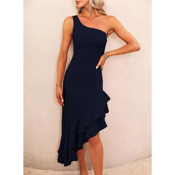 Happy Sailed Women's 2023 Summer One Shoulder Sleeveless Bodycon Dress Asymmetrical Ruffle Hem Party Cocktail Midi Dresses