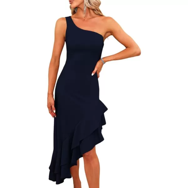 Happy Sailed Women's 2023 Summer One Shoulder Sleeveless Bodycon Dress Asymmetrical Ruffle Hem Party Cocktail Midi Dresses