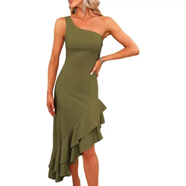 Happy Sailed Women's 2023 Summer One Shoulder Sleeveless Bodycon Dress Asymmetrical Ruffle Hem Party Cocktail Midi Dresses