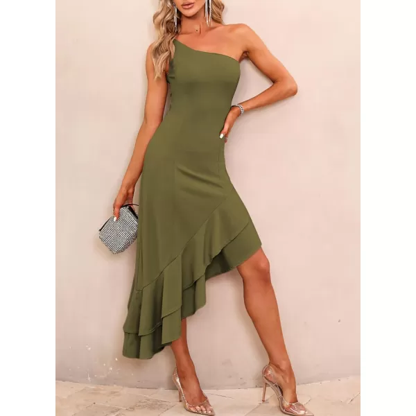 Happy Sailed Women's 2023 Summer One Shoulder Sleeveless Bodycon Dress Asymmetrical Ruffle Hem Party Cocktail Midi Dresses