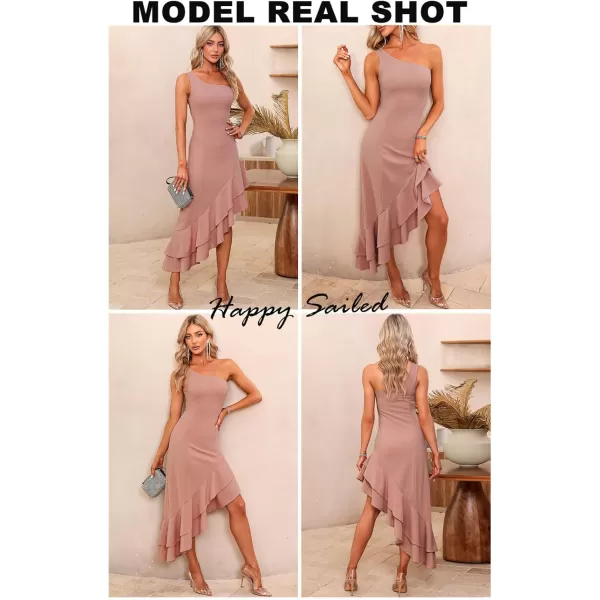 Happy Sailed Women's 2023 Summer One Shoulder Sleeveless Bodycon Dress Asymmetrical Ruffle Hem Party Cocktail Midi Dresses