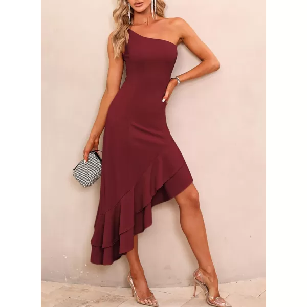 Happy Sailed Women's 2023 Summer One Shoulder Sleeveless Bodycon Dress Asymmetrical Ruffle Hem Party Cocktail Midi Dresses