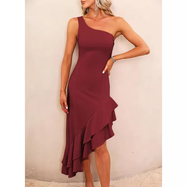 Happy Sailed Women's 2023 Summer One Shoulder Sleeveless Bodycon Dress Asymmetrical Ruffle Hem Party Cocktail Midi Dresses