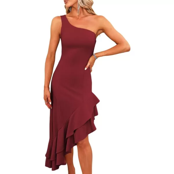 Happy Sailed Women's 2023 Summer One Shoulder Sleeveless Bodycon Dress Asymmetrical Ruffle Hem Party Cocktail Midi Dresses