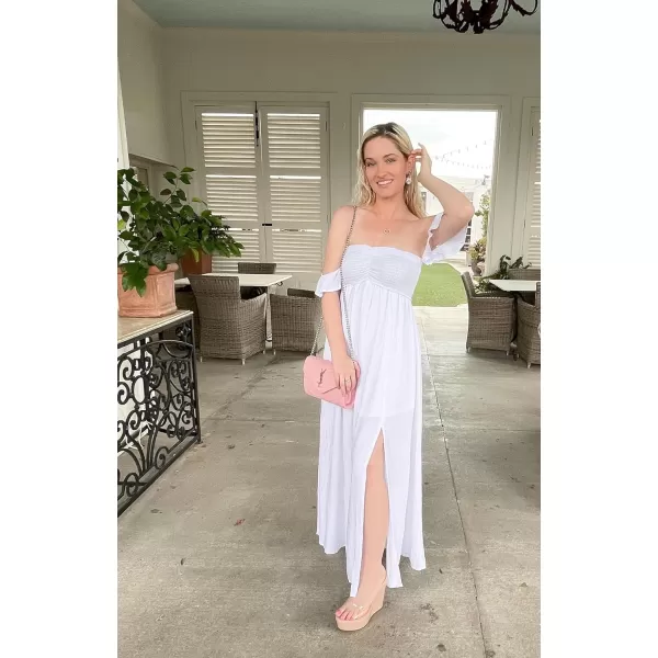 Happy Sailed Women's 2023 Summer Smocked Off The Shoulder Maxi Dresses Ruffle Short Sleeve A Line Side Slit Sundress