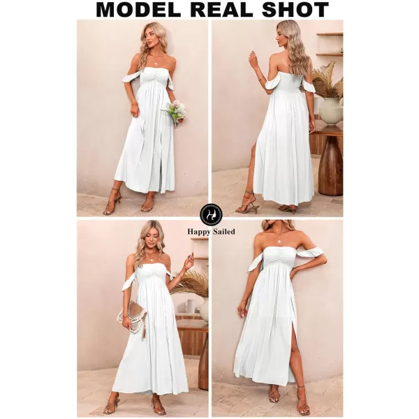 Happy Sailed Women's 2023 Summer Smocked Off The Shoulder Maxi Dresses Ruffle Short Sleeve A Line Side Slit Sundress