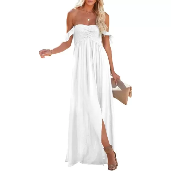 Happy Sailed Women's 2023 Summer Smocked Off The Shoulder Maxi Dresses Ruffle Short Sleeve A Line Side Slit Sundress