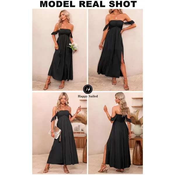 Happy Sailed Women's 2023 Summer Smocked Off The Shoulder Maxi Dresses Ruffle Short Sleeve A Line Side Slit Sundress