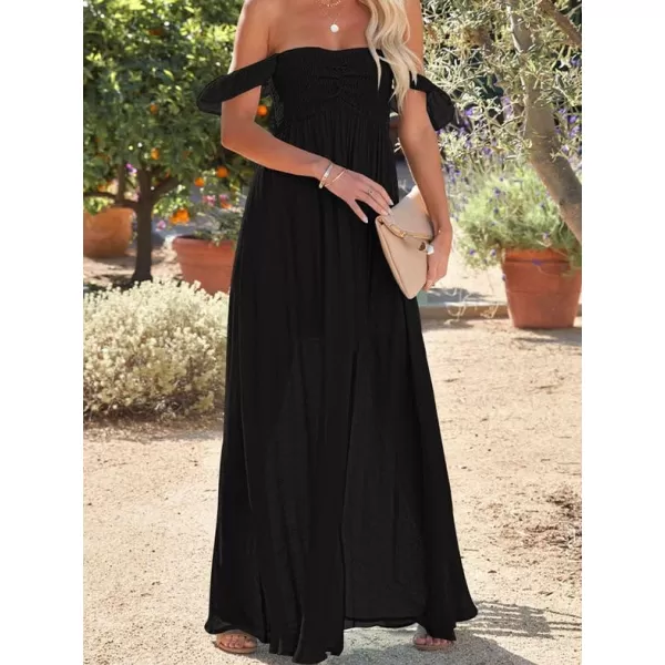 Happy Sailed Women's 2023 Summer Smocked Off The Shoulder Maxi Dresses Ruffle Short Sleeve A Line Side Slit Sundress