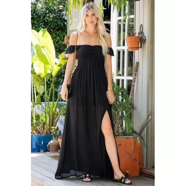 Happy Sailed Women's 2023 Summer Smocked Off The Shoulder Maxi Dresses Ruffle Short Sleeve A Line Side Slit Sundress
