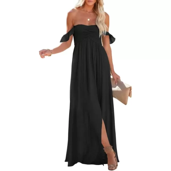 Happy Sailed Women's 2023 Summer Smocked Off The Shoulder Maxi Dresses Ruffle Short Sleeve A Line Side Slit Sundress