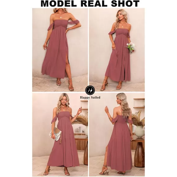 Happy Sailed Women's 2023 Summer Smocked Off The Shoulder Maxi Dresses Ruffle Short Sleeve A Line Side Slit Sundress