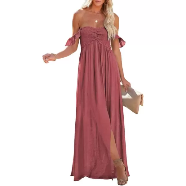 Happy Sailed Women's 2023 Summer Smocked Off The Shoulder Maxi Dresses Ruffle Short Sleeve A Line Side Slit Sundress