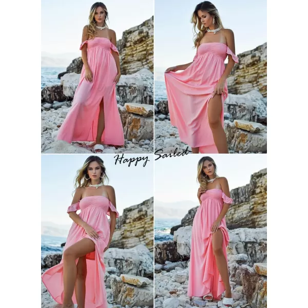 Happy Sailed Women's 2023 Summer Smocked Off The Shoulder Maxi Dresses Ruffle Short Sleeve A Line Side Slit Sundress