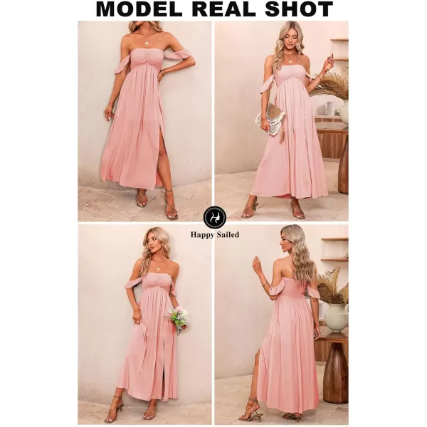 Happy Sailed Women's 2023 Summer Smocked Off The Shoulder Maxi Dresses Ruffle Short Sleeve A Line Side Slit Sundress