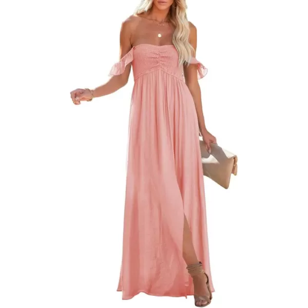 Happy Sailed Women's 2023 Summer Smocked Off The Shoulder Maxi Dresses Ruffle Short Sleeve A Line Side Slit Sundress