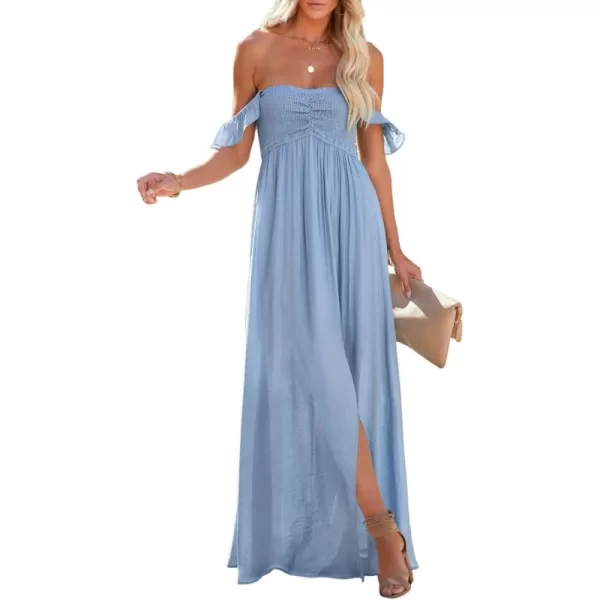 Happy Sailed Women's 2023 Summer Smocked Off The Shoulder Maxi Dresses Ruffle Short Sleeve A Line Side Slit Sundress