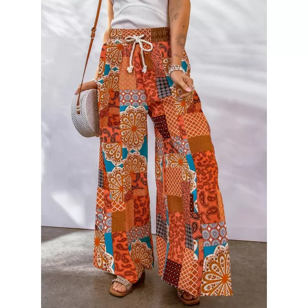Happy Sailed Womens Boho Print Palazzo Pants Elastic High Waist Drawstring Wide Leg Hippie Flowy Pants