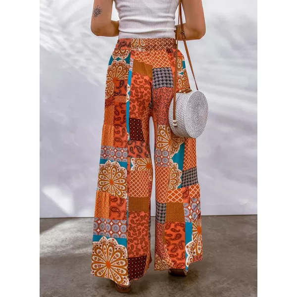 Happy Sailed Womens Boho Print Palazzo Pants Elastic High Waist Drawstring Wide Leg Hippie Flowy Pants