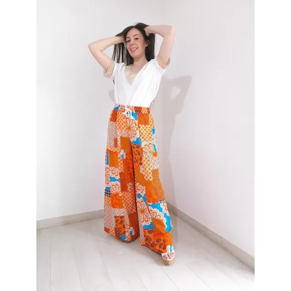 Happy Sailed Womens Boho Print Palazzo Pants Elastic High Waist Drawstring Wide Leg Hippie Flowy Pants
