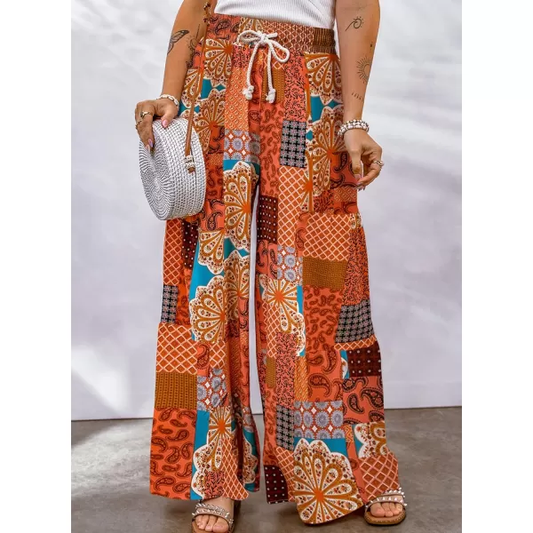 Happy Sailed Womens Boho Print Palazzo Pants Elastic High Waist Drawstring Wide Leg Hippie Flowy Pants