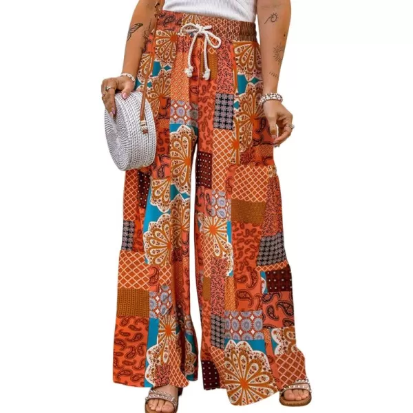 Happy Sailed Womens Boho Print Palazzo Pants Elastic High Waist Drawstring Wide Leg Hippie Flowy Pants