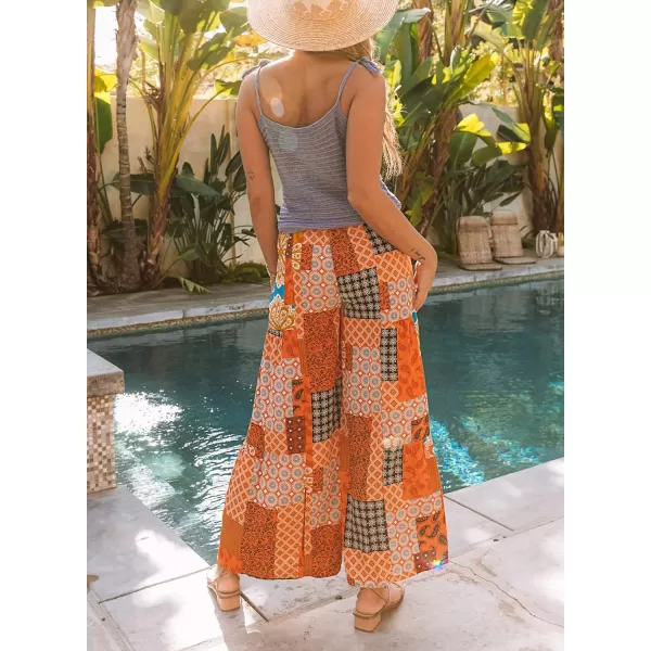 Happy Sailed Womens Boho Print Palazzo Pants Elastic High Waist Drawstring Wide Leg Hippie Flowy Pants