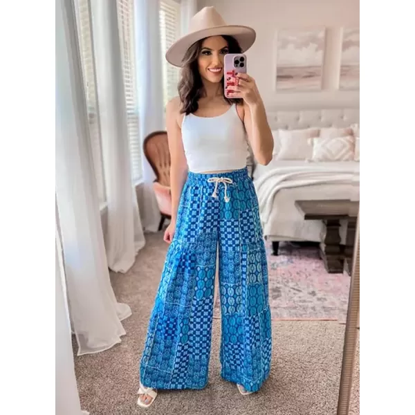 Happy Sailed Womens Boho Print Palazzo Pants Elastic High Waist Drawstring Wide Leg Hippie Flowy Pants