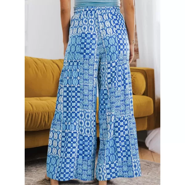 Happy Sailed Womens Boho Print Palazzo Pants Elastic High Waist Drawstring Wide Leg Hippie Flowy Pants