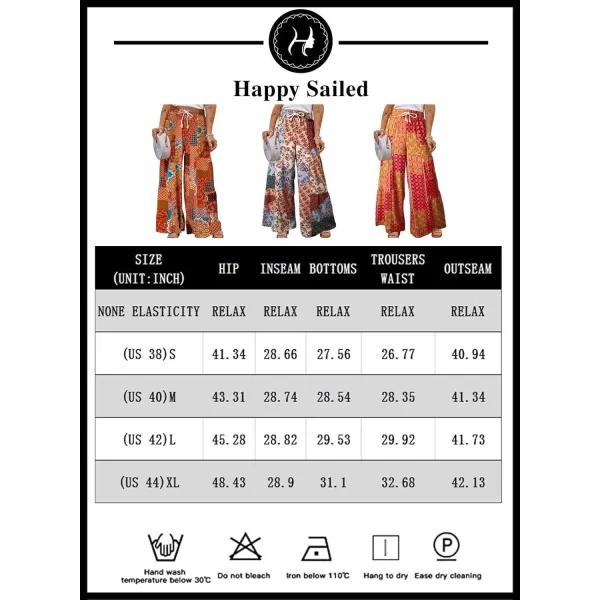 Happy Sailed Womens Boho Print Palazzo Pants Elastic High Waist Drawstring Wide Leg Hippie Flowy Pants