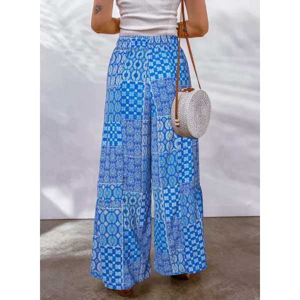 Happy Sailed Womens Boho Print Palazzo Pants Elastic High Waist Drawstring Wide Leg Hippie Flowy Pants