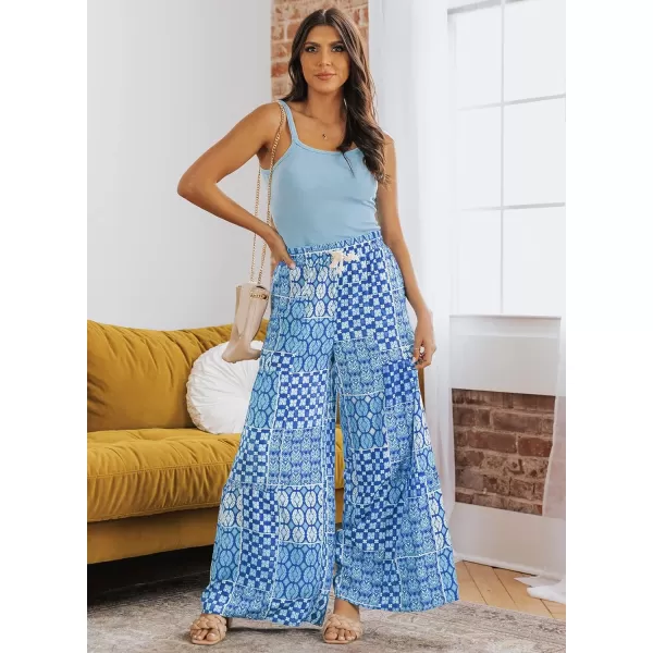 Happy Sailed Womens Boho Print Palazzo Pants Elastic High Waist Drawstring Wide Leg Hippie Flowy Pants