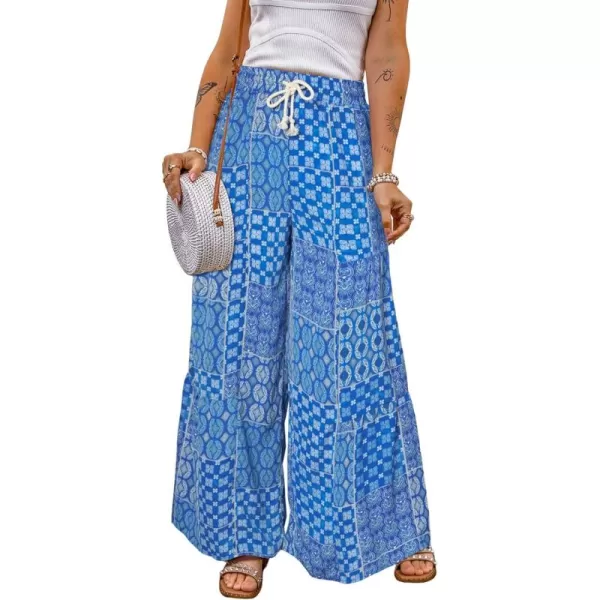 Happy Sailed Womens Boho Print Palazzo Pants Elastic High Waist Drawstring Wide Leg Hippie Flowy Pants