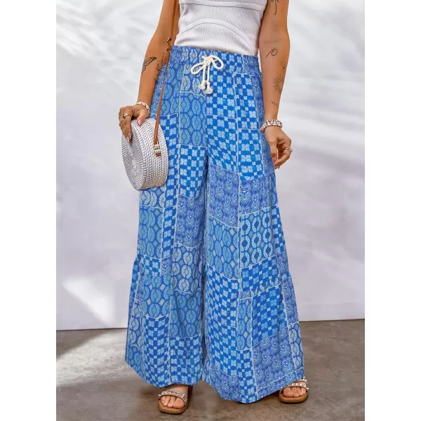 Happy Sailed Womens Boho Print Palazzo Pants Elastic High Waist Drawstring Wide Leg Hippie Flowy Pants