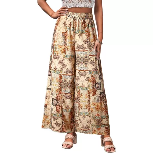 Happy Sailed Womens Boho Print Palazzo Pants Elastic High Waist Drawstring Wide Leg Hippie Flowy Pants