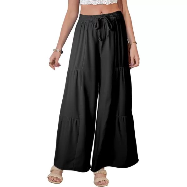 Happy Sailed Womens Boho Print Palazzo Pants Elastic High Waist Drawstring Wide Leg Hippie Flowy Pants
