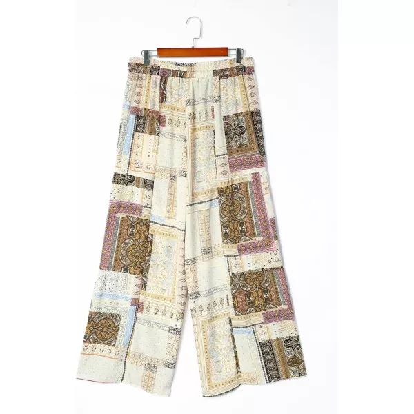 Happy Sailed Womens Boho Print Palazzo Pants Elastic High Waist Drawstring Wide Leg Hippie Flowy Pants