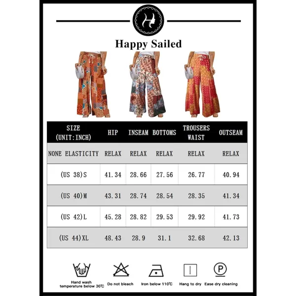 Happy Sailed Womens Boho Print Palazzo Pants Elastic High Waist Drawstring Wide Leg Hippie Flowy Pants
