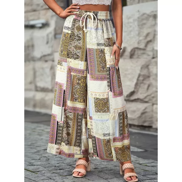 Happy Sailed Womens Boho Print Palazzo Pants Elastic High Waist Drawstring Wide Leg Hippie Flowy Pants