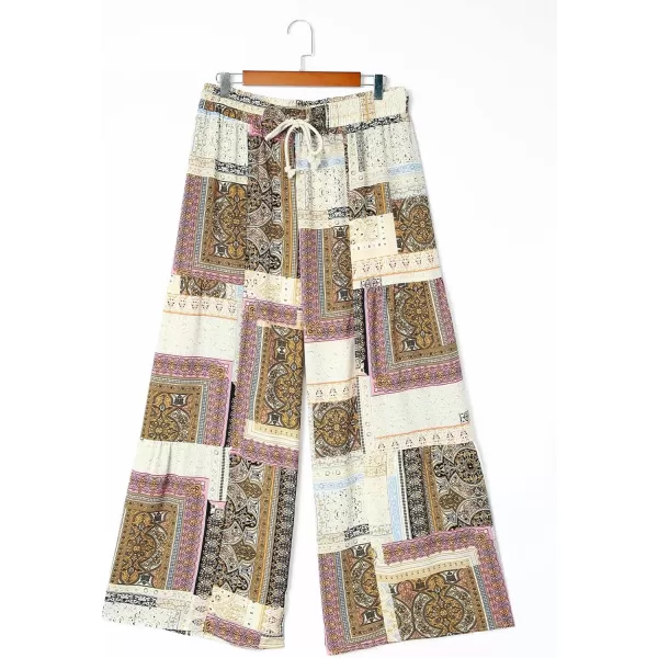 Happy Sailed Womens Boho Print Palazzo Pants Elastic High Waist Drawstring Wide Leg Hippie Flowy Pants