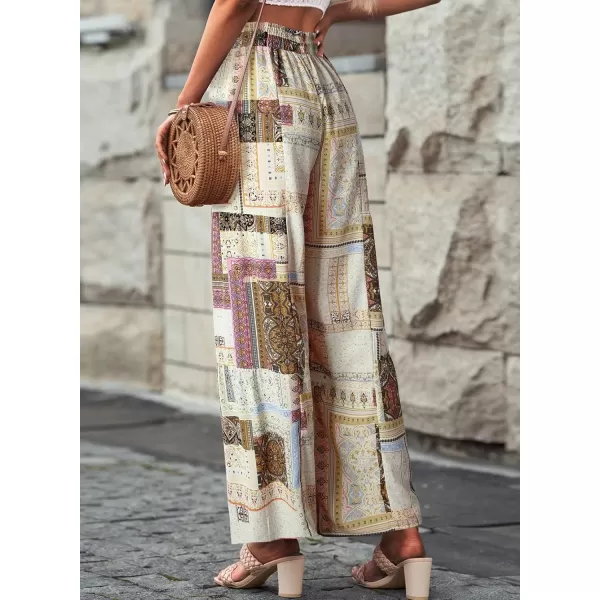 Happy Sailed Womens Boho Print Palazzo Pants Elastic High Waist Drawstring Wide Leg Hippie Flowy Pants
