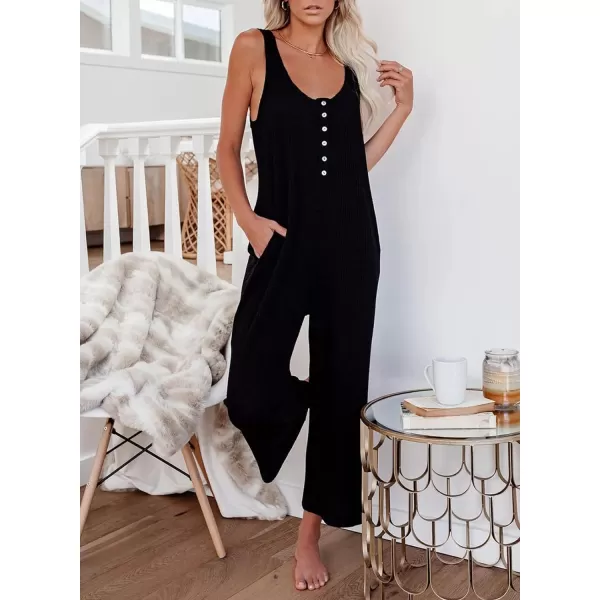 Happy Sailed Women's Casual Sleeveless Front Button Loose Jumpsuits Stretchy Long Pants Romper with Pockets