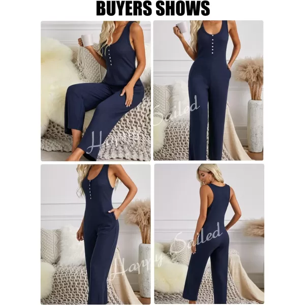 Happy Sailed Women's Casual Sleeveless Front Button Loose Jumpsuits Stretchy Long Pants Romper with Pockets