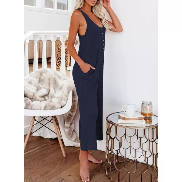 Happy Sailed Women's Casual Sleeveless Front Button Loose Jumpsuits Stretchy Long Pants Romper with Pockets