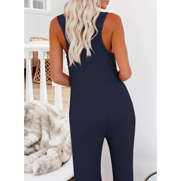 Happy Sailed Women's Casual Sleeveless Front Button Loose Jumpsuits Stretchy Long Pants Romper with Pockets